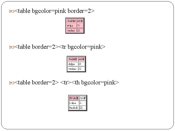  <table bgcolor=pink border=2> <table border=2><tr bgcolor=pink> <table border=2> <tr><th bgcolor=pink> 