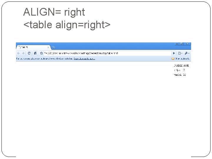 ALIGN= right <table align=right> 
