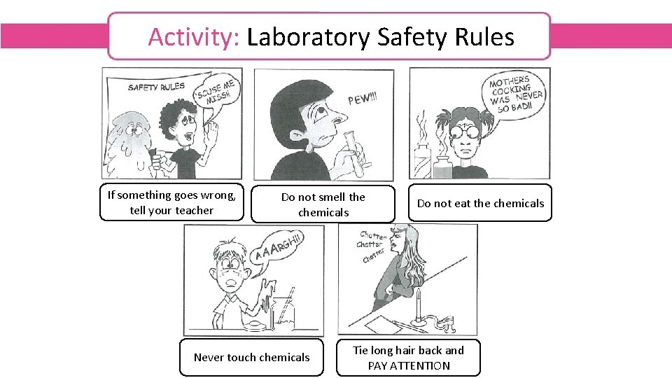 Activity: Laboratory Safety Rules If something goes wrong, tell your teacher Do not smell