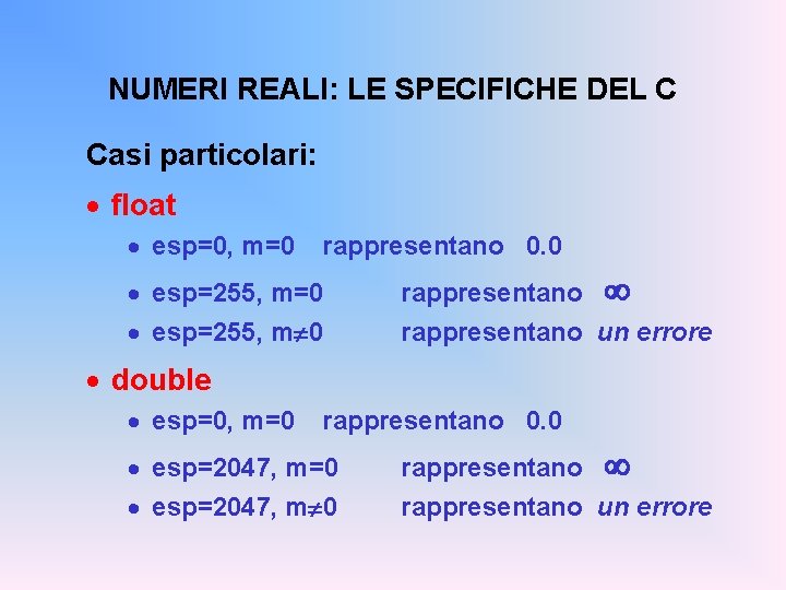 NUMERI REALI: LE SPECIFICHE DEL C Casi particolari: · float · esp=0, m=0 rappresentano