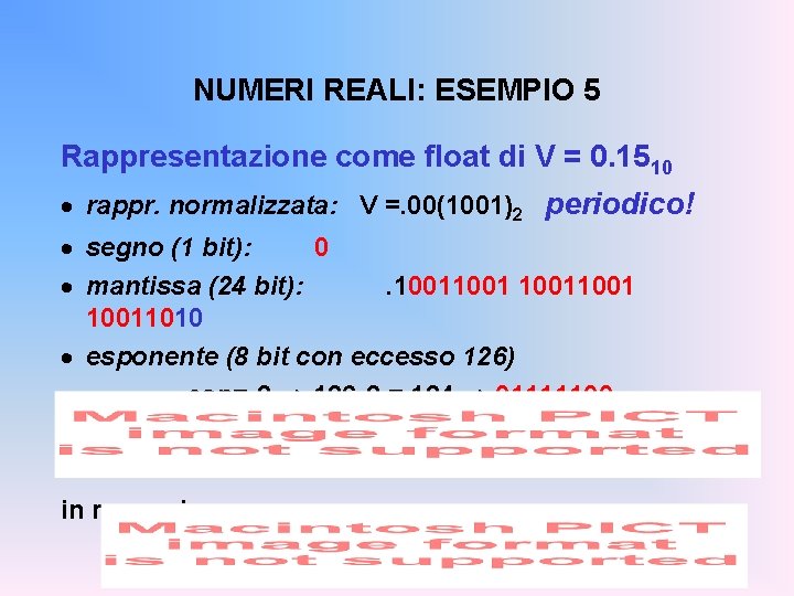 NUMERI REALI: ESEMPIO 5 Rappresentazione come float di V = 0. 1510 · rappr.