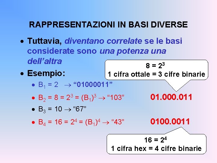 RAPPRESENTAZIONI IN BASI DIVERSE · Tuttavia, diventano correlate se le basi considerate sono una