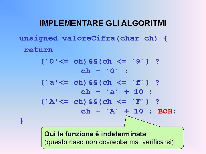 IMPLEMENTARE GLI ALGORITMI unsigned valore. Cifra(char ch) { return ('0'<= ch)&&(ch <= '9') ?