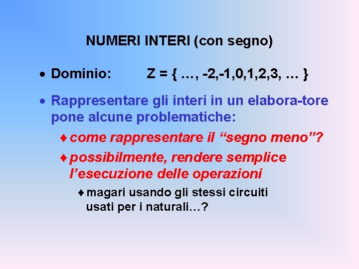 NUMERI INTERI (con segno) · Dominio: Z = { …, -2, -1, 0, 1,