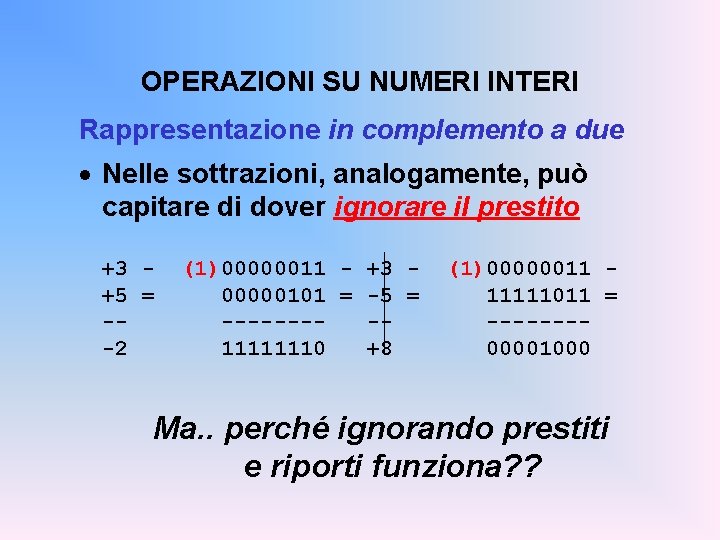 OPERAZIONI SU NUMERI INTERI Rappresentazione in complemento a due · Nelle sottrazioni, analogamente, può