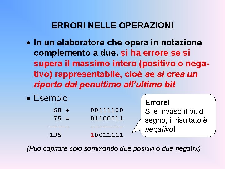 ERRORI NELLE OPERAZIONI · In un elaboratore che opera in notazione complemento a due,