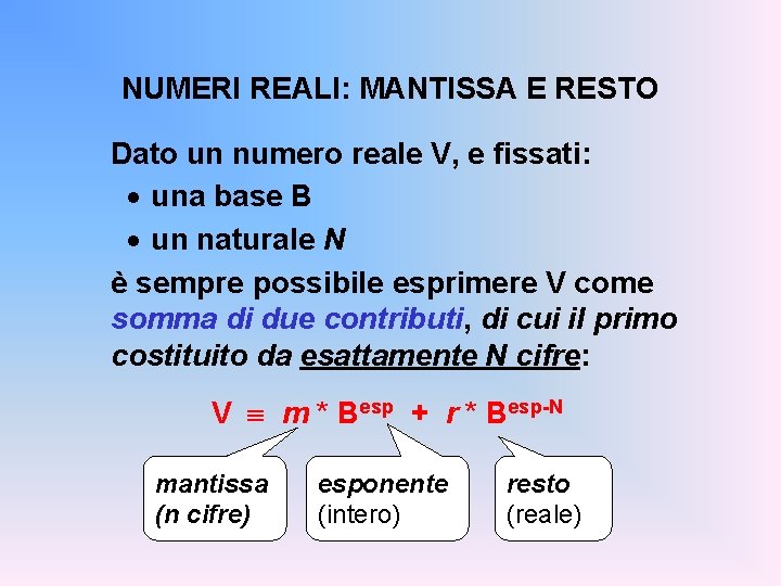 NUMERI REALI: MANTISSA E RESTO Dato un numero reale V, e fissati: · una