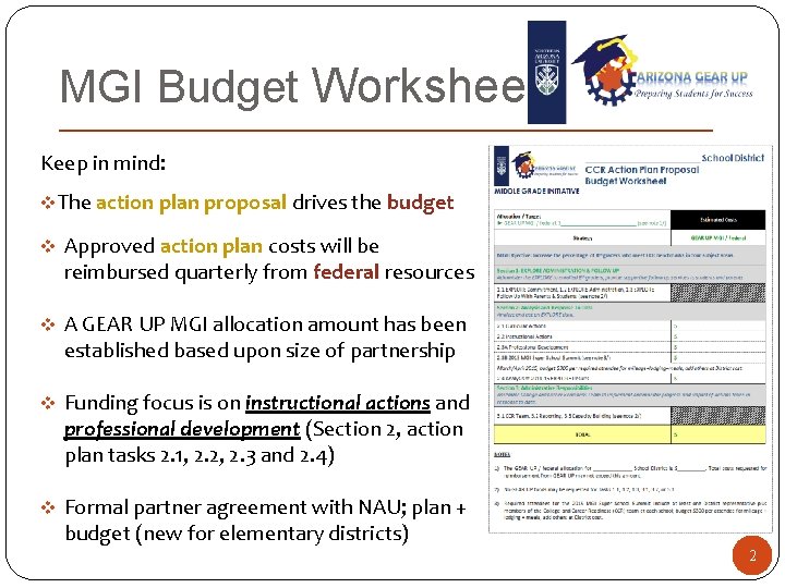 MGI Budget Worksheet Keep in mind: v. The action plan proposal drives the budget