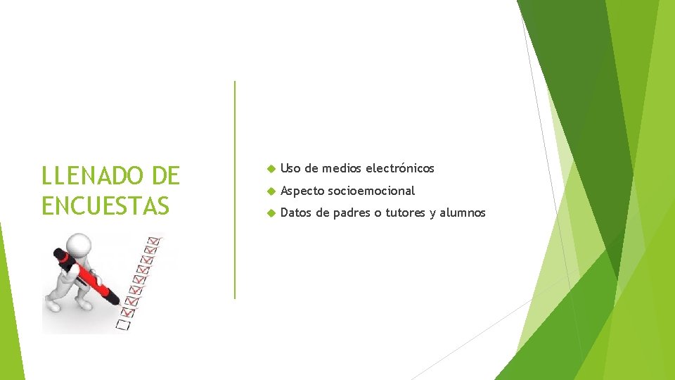 LLENADO DE ENCUESTAS Uso de medios electrónicos Aspecto socioemocional Datos de padres o tutores