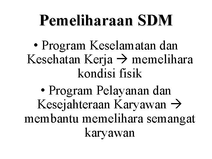 Pemeliharaan SDM • Program Keselamatan dan Kesehatan Kerja memelihara kondisi fisik • Program Pelayanan