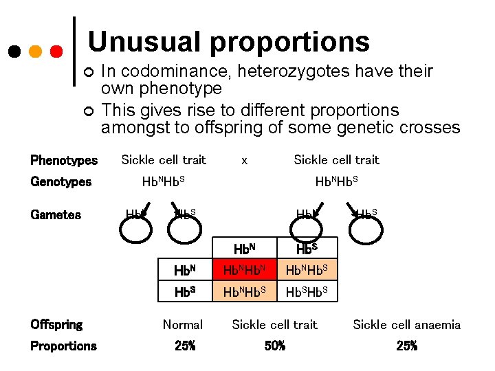 Unusual proportions ¢ ¢ In codominance, heterozygotes have their own phenotype This gives rise