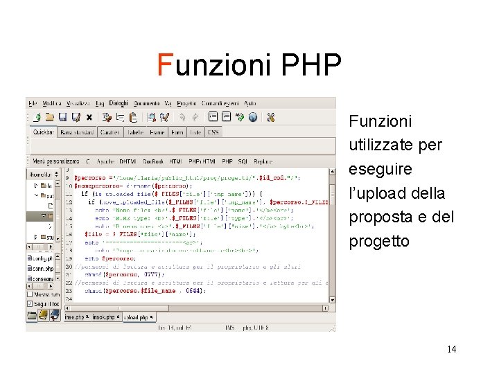 Funzioni PHP Funzioni utilizzate per eseguire l’upload della proposta e del progetto 14 