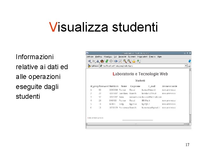 Visualizza studenti Informazioni relative ai dati ed alle operazioni eseguite dagli studenti 17 