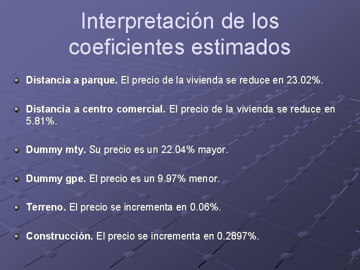 Interpretación de los coeficientes estimados Distancia a parque. El precio de la vivienda se