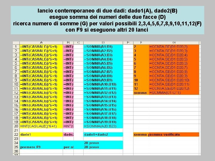 lancio contemporaneo di due dadi: dado 1(A), dado 2(B) esegue somma dei numeri delle