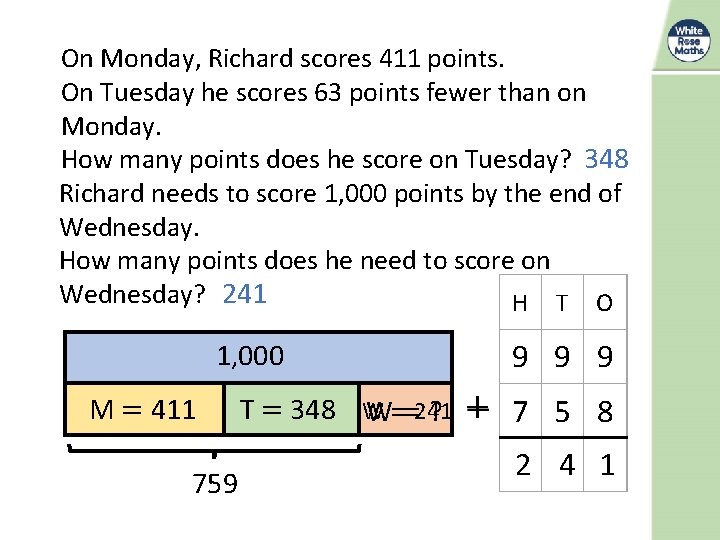 On Monday, Richard scores 411 points. On Tuesday he scores 63 points fewer than