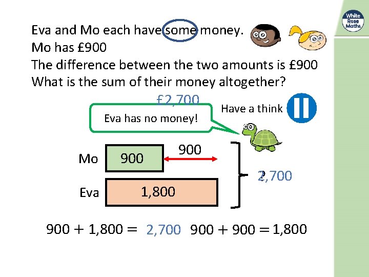 Eva and Mo each have some money. Mo has £ 900 The difference between