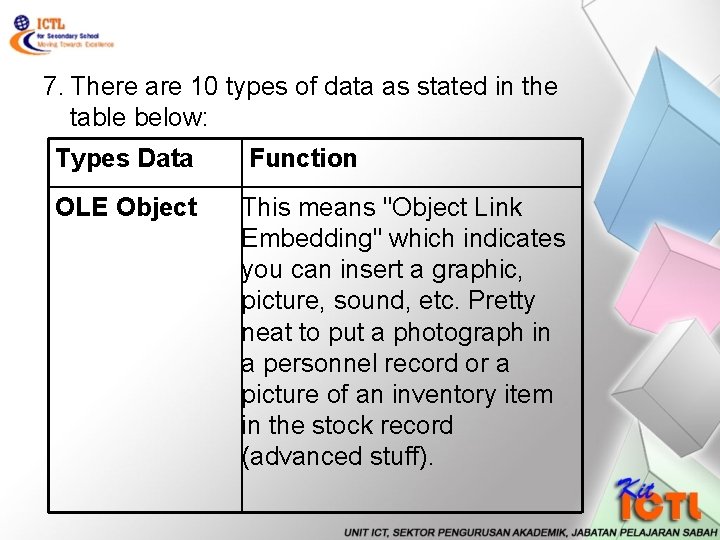 7. There are 10 types of data as stated in the table below: Types