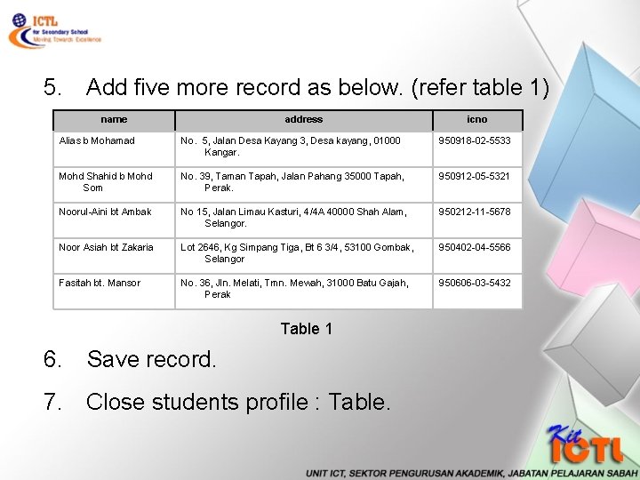 5. Add five more record as below. (refer table 1) name address icno Alias