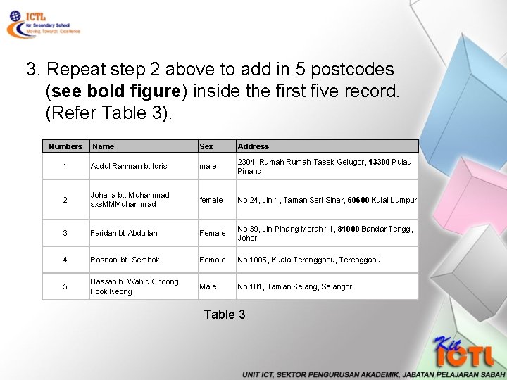 3. Repeat step 2 above to add in 5 postcodes (see bold figure) inside