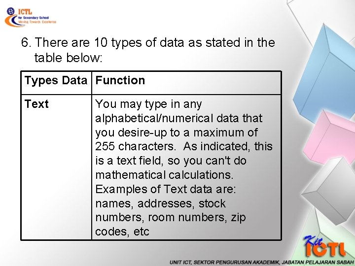 6. There are 10 types of data as stated in the table below: Types