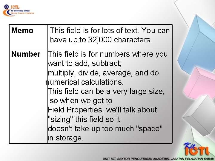 Memo This field is for lots of text. You can have up to 32,