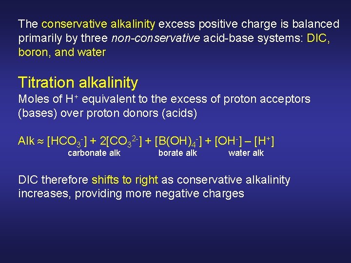 The conservative alkalinity excess positive charge is balanced primarily by three non-conservative acid-base systems: