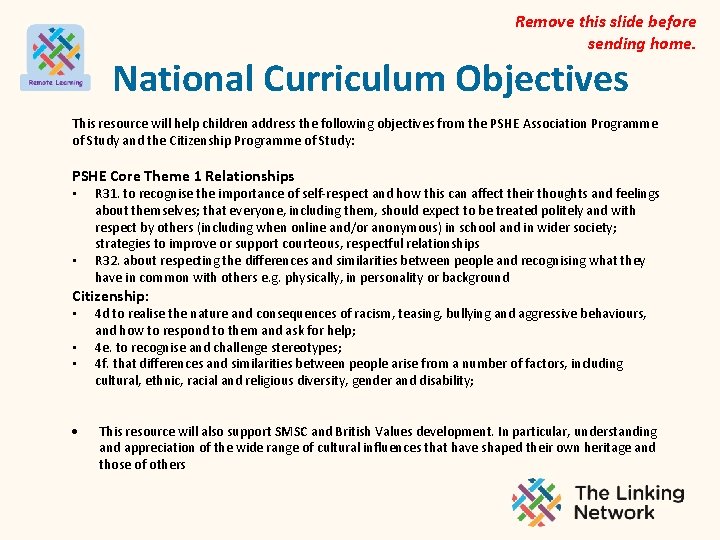 Remove this slide before sending home. National Curriculum Objectives This resource will help children