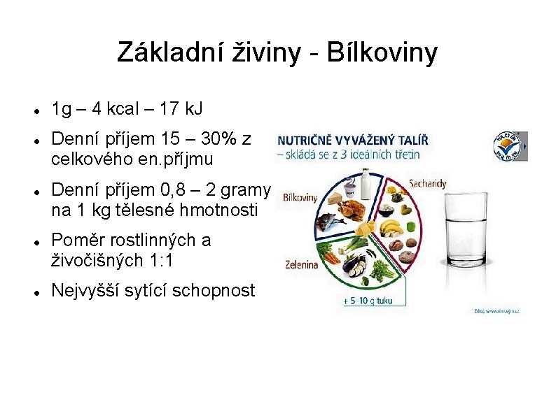 Základní živiny - Bílkoviny 1 g – 4 kcal – 17 k. J Denní