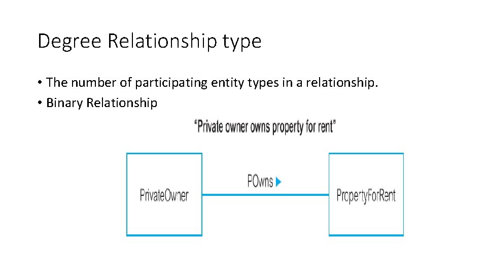 Degree Relationship type • The number of participating entity types in a relationship. •