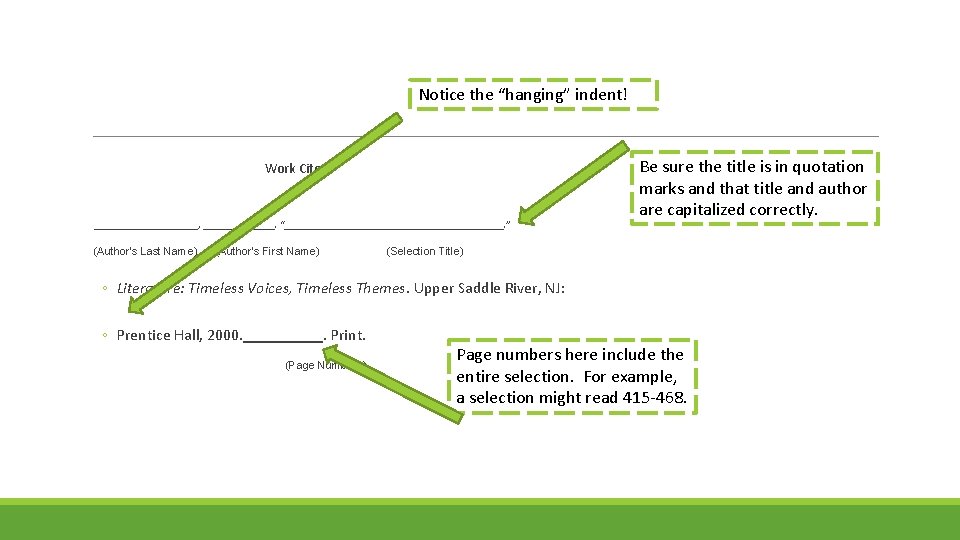 Notice the “hanging” indent! Work Cited __________, _______. “____________________. ” (Author’s Last Name) (Author’s