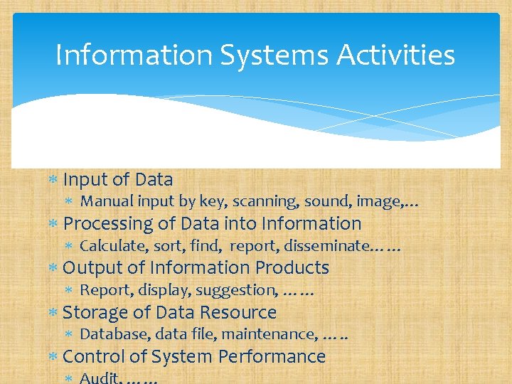 Information Systems Activities Input of Data Manual input by key, scanning, sound, image, …