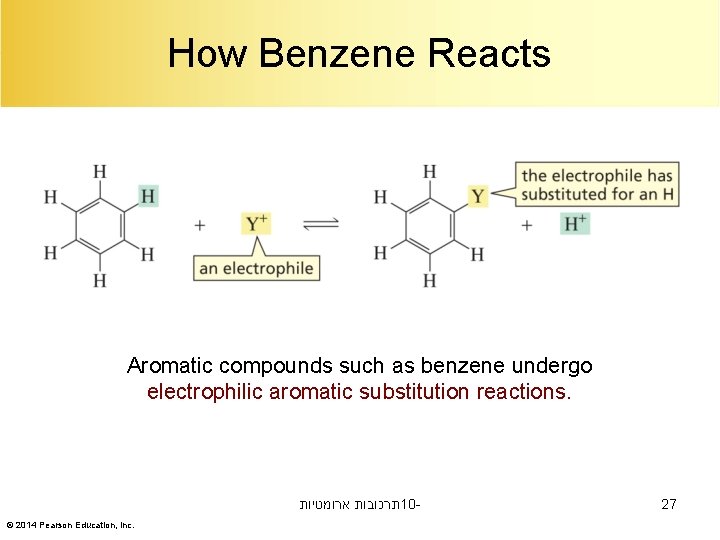 How Benzene Reacts Aromatic compounds such as benzene undergo electrophilic aromatic substitution reactions. תרכובות