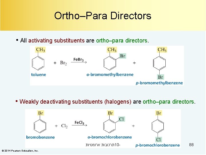 Ortho–Para Directors • All activating substituents are ortho–para directors. • Weakly deactivating substituents (halogens)