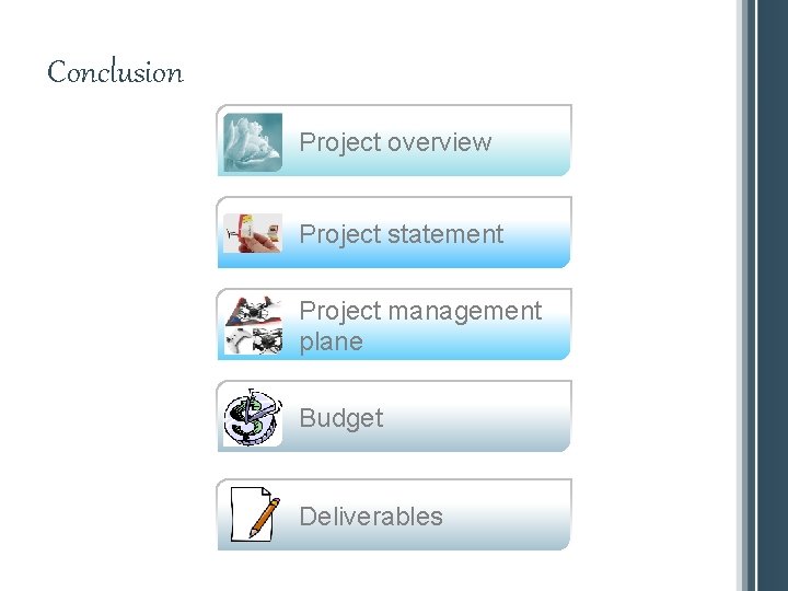Conclusion Project overview Project statement Project management plane Budget Deliverables 