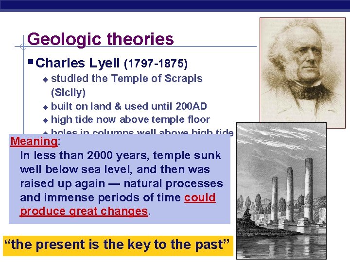 Geologic theories § Charles Lyell (1797 -1875) studied the Temple of Scrapis (Sicily) u