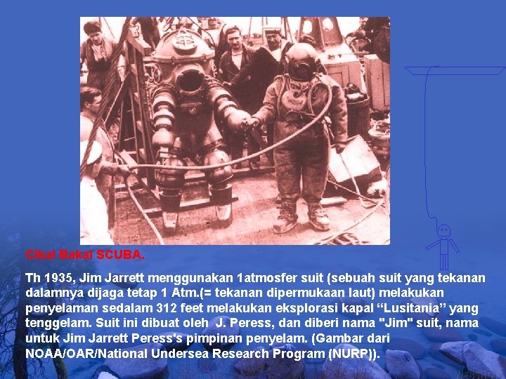 Cikal Bakal SCUBA. Th 1935, Jim Jarrett menggunakan 1 atmosfer suit (sebuah suit yang