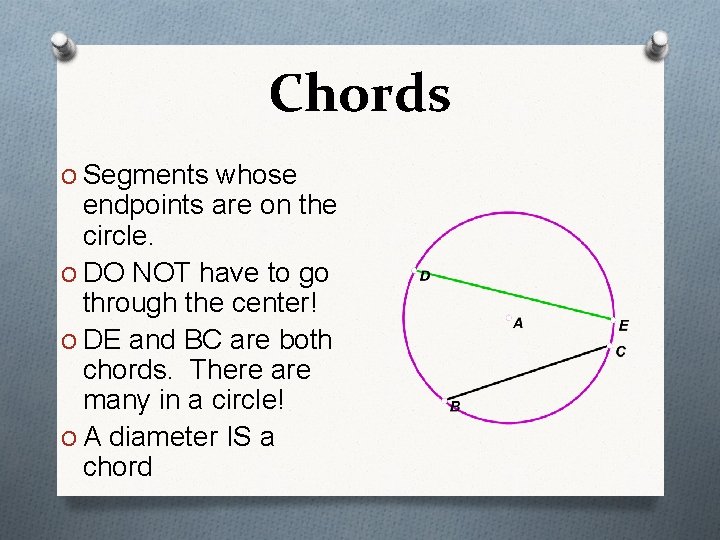 Chords O Segments whose endpoints are on the circle. O DO NOT have to