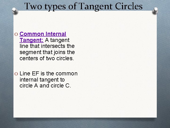Two types of Tangent Circles O Common Internal Tangent: A tangent line that intersects