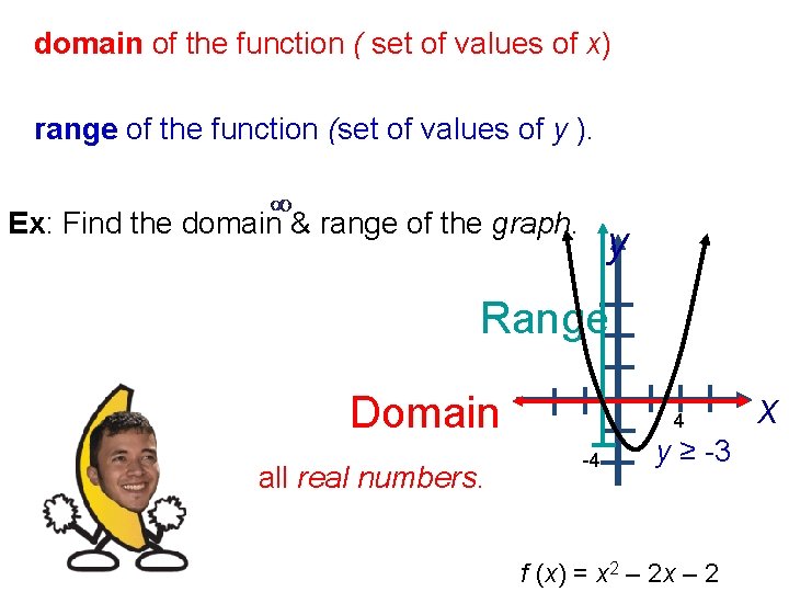 domain of the function ( set of values of x) range of the function