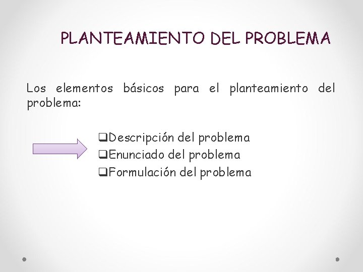 PLANTEAMIENTO DEL PROBLEMA Los elementos básicos para el planteamiento del problema: q. Descripción del