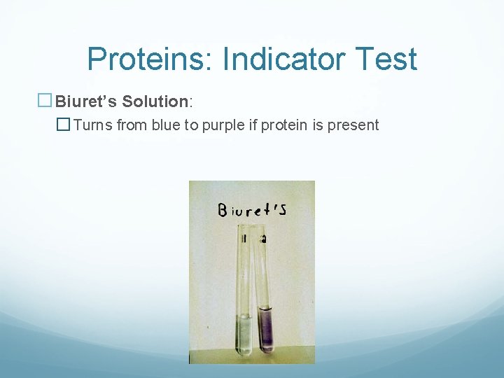 Proteins: Indicator Test �Biuret’s Solution: � Turns from blue to purple if protein is