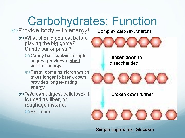 Carbohydrates: Function Provide body with energy! Complex carb (ex. Starch) What should you eat