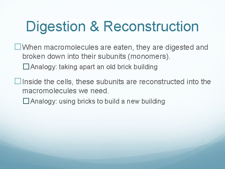 Digestion & Reconstruction �When macromolecules are eaten, they are digested and broken down into