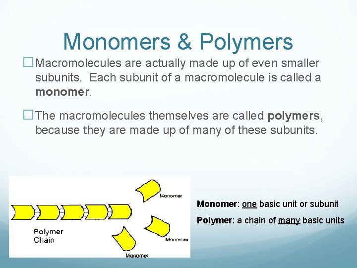 Monomers & Polymers �Macromolecules are actually made up of even smaller subunits. Each subunit