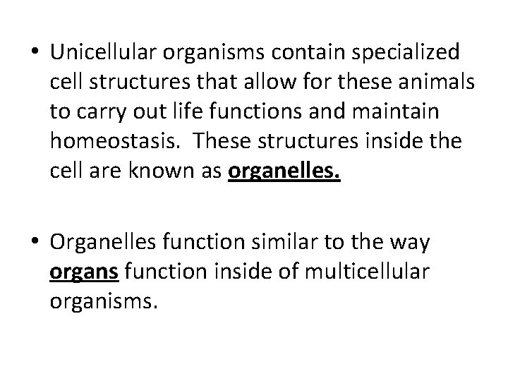  • Unicellular organisms contain specialized cell structures that allow for these animals to