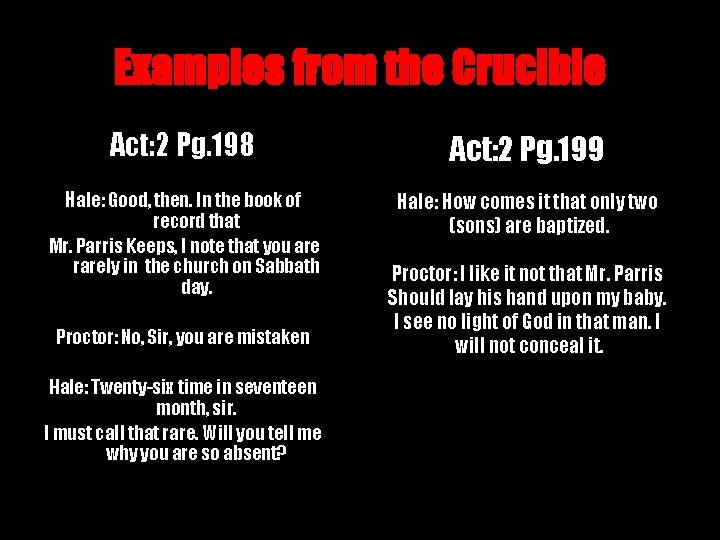 Examples from the Crucible Act: 2 Pg. 198 Act: 2 Pg. 199 Hale: Good,