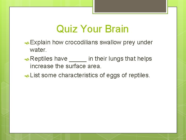 Quiz Your Brain Explain how crocodilians swallow prey under water. Reptiles have _____ in