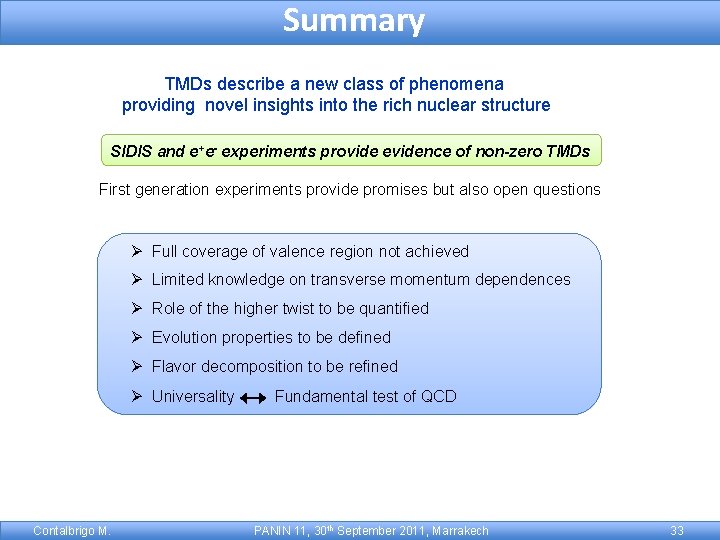 Summary TMDs describe a new class of phenomena providing novel insights into the rich