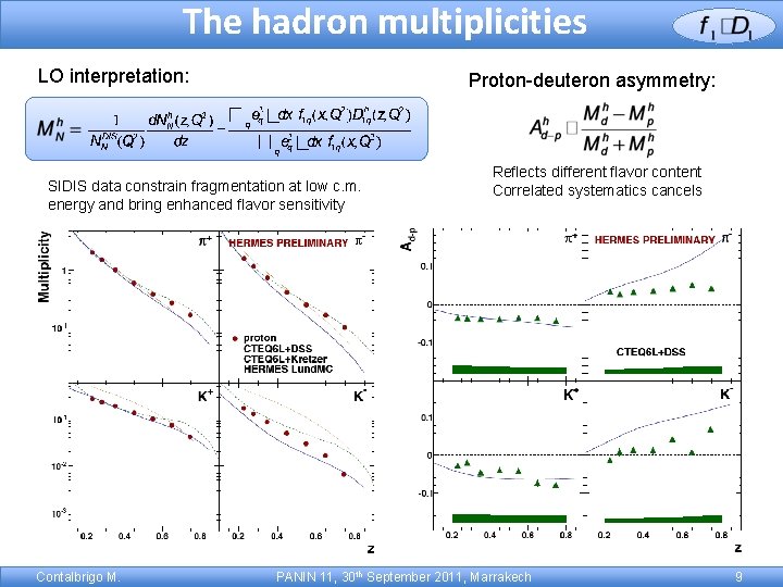 The hadron multiplicities LO interpretation: Proton-deuteron asymmetry: SIDIS data constrain fragmentation at low c.